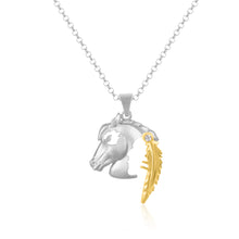 Load image into Gallery viewer, Horse Pendant Necklace with Indian Head Silhoutte - Sterling Silver with 10K Gold and Crystal - Horse Jewelry