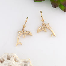 Load image into Gallery viewer, diamond dolphin earrings in 14K yellow or white gold with diamonds dolphin jewelry