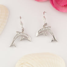 Load image into Gallery viewer, diamond dolphin earrings in 14K yellow or white gold with diamonds dolphin jewelry