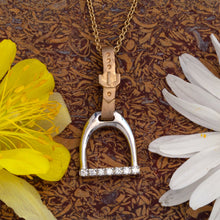 Load image into Gallery viewer, Horse Stirrup Pendant - English Stirrups and Leathers - 14K TT gold with diamonds