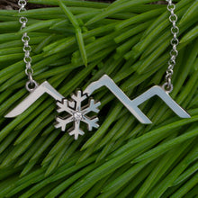Load image into Gallery viewer, Mountain Necklace with Snowflake with crystal - Sterling Silver - Mountain Jewelry - Snowflake Jewelry - Adventure Necklace - Mountain Splendor