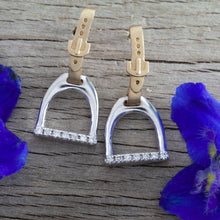 Load image into Gallery viewer, Horse Stirrup Earrings English Leather - 14K TT Gold diamonds