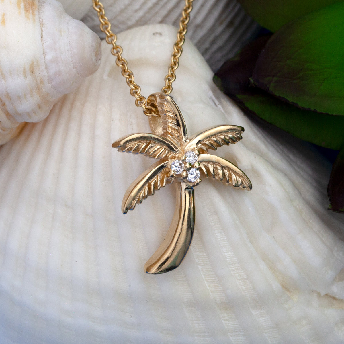 Palm Tree with Diamond Coconuts Pendant Necklace - 14K Gold and Diamonds -  Beach Jewelry