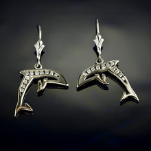 Load image into Gallery viewer, diamond dolphin earrings in 14K yellow or white gold with diamonds dolphin jewelry
