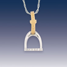 Load image into Gallery viewer, Horse Stirrup Pendant - English Stirrups and Leathers - 14K TT gold with diamonds Horse Necklace Horse Jewelry