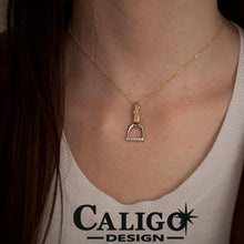 Load image into Gallery viewer, Horse Stirrup Pendant - English Stirrups and Leathers - 14K TT gold with diamonds Horse Necklace Horse Jewelry