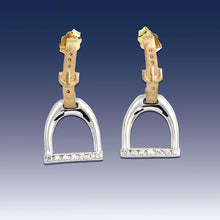 Load image into Gallery viewer, Horse Stirrup Earrings English Leather - 14K TT Gold diamonds