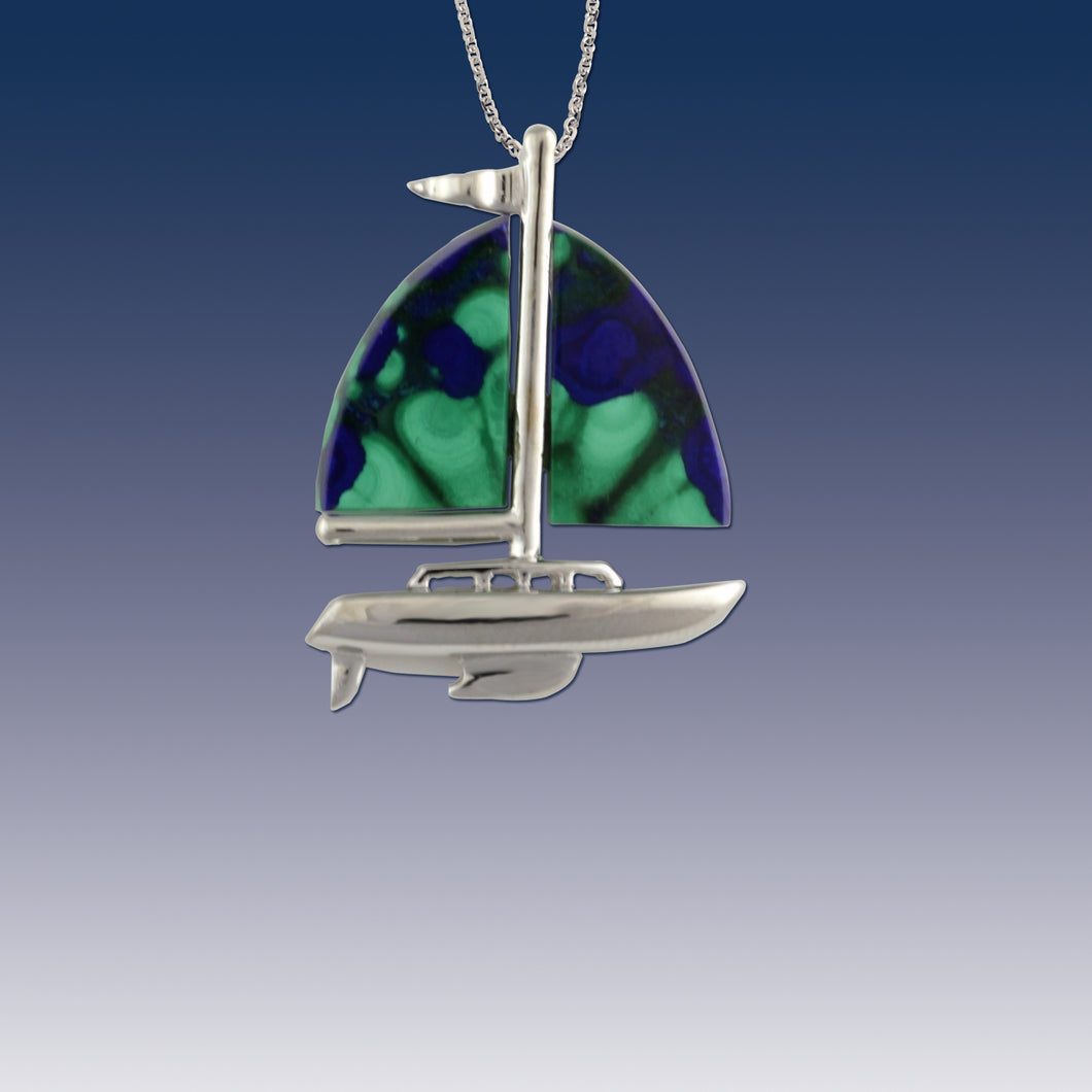 Malachite Azurite Sail Boat Necklace 14K white gold with malachite azurite inlay nautical Jewelry sailboat Jewelry