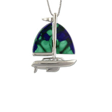 Load image into Gallery viewer, Malachite Azurite Sail Boat Necklace 14K white gold with malachite azurite inlay nautical Jewelry sailboat Jewelry