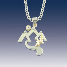 Load image into Gallery viewer, Mountain Pendant Necklace with stream and trees - Sterling Silver 10K YG Trees and 10K YG moon with crystal