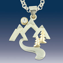 Load image into Gallery viewer, Mountain Pendant Necklace with stream and trees - Sterling Silver 10K YG Trees and 10K YG moon with crystal