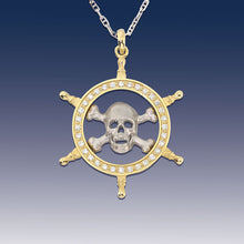 Load image into Gallery viewer, Pirate Pendant Necklace - Skull and Captain Wheel - Danger Ahead - 14K TT gold diamonds