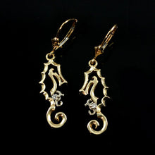 Load image into Gallery viewer, Seahorse and baby earrings with diamond seahorse jewelry leverback earrings