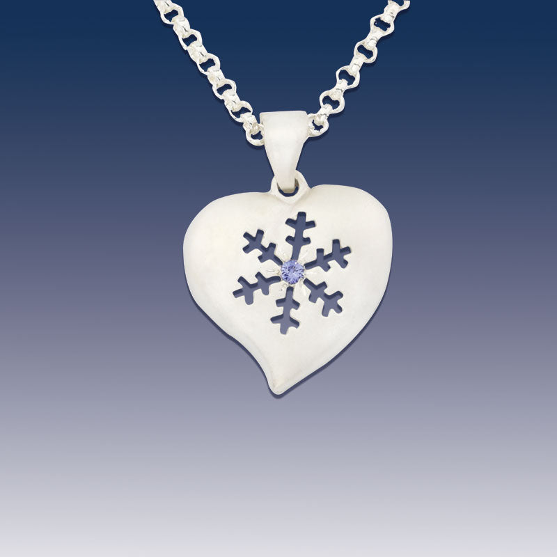 Snowflake Pendant Necklace - Snowflake Heart - Sterling Silver Blue Sapphire