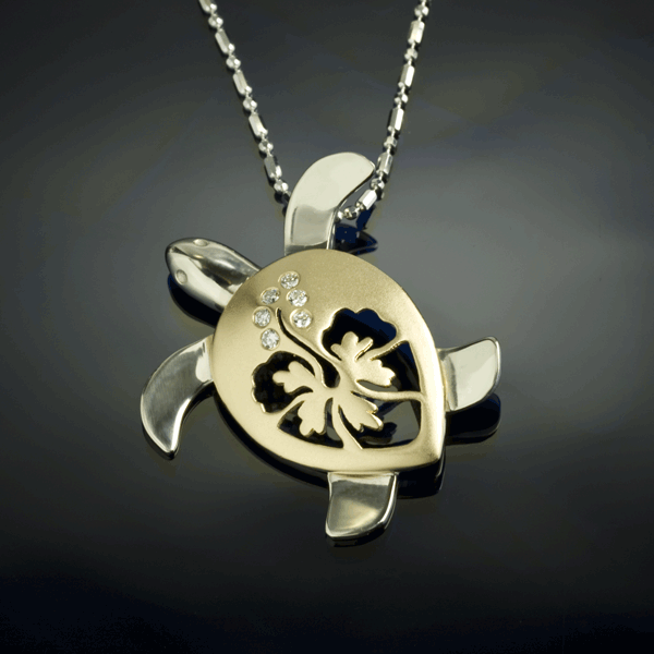 Turtle Necklace Gold and Diamond Turtle Pendant with Hibiscus