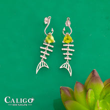 Load image into Gallery viewer, Bone Fish Diamond Earrings with trillion Peridot stone  fish jewelry sea life jewelry