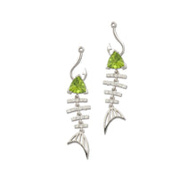 Load image into Gallery viewer, Bone Fish Diamond Earrings with trillion Peridot stone  fish jewelry sea life jewelry