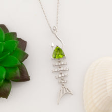 Load image into Gallery viewer, Bone Fish Necklace with Trillion Peridot and Diamonds - Fish Necklace Fish Jewelry