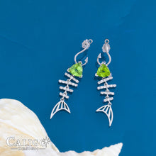 Load image into Gallery viewer, Bone Fish Diamond Earrings with trillion Peridot stone  fish jewelry sea life jewelry