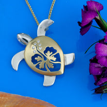 Load image into Gallery viewer, Hibiscus Turtle Pendant with Diamonds 14K TT gold sea turtle