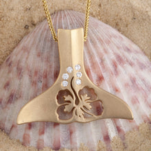 Load image into Gallery viewer, Whale Tail Necklace with Diamonds and Hibiscus flower cutout - Whale Jewelry Sea Life Jewelry