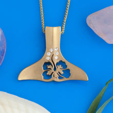 Load image into Gallery viewer, Whale Tail Necklace with Diamonds and Hibiscus flower cutout - Whale Jewelry Sea Life Jewelry