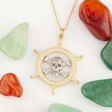 Load image into Gallery viewer, Pirate Pendant Necklace - Skull and Captain Wheel - Danger Ahead - 14K TT gold diamonds