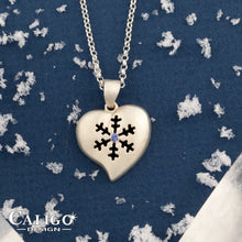 Load image into Gallery viewer, snowflake necklace heart necklace snowflake heart with blue sapphire sterling silver snowflake jewelry