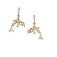 Load image into Gallery viewer, diamond dolphin earrings in 14K yellow or white gold with diamonds dolphin jewelry