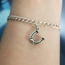 Load image into Gallery viewer, horse shoe charm - horse jewelry - horse shoe charm on branch spacer - horse bracelet charm