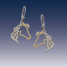 Load image into Gallery viewer, horse silhouette earrings diamond and gold horse earrings horse jewelry