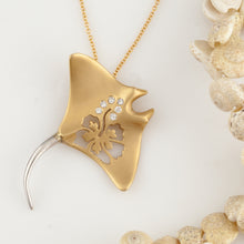 Load image into Gallery viewer, manta ray necklace - 14K yellow and white gold with diamonds with hibiscus cut out - manta ray jewelry sea life jewelry