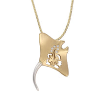 Load image into Gallery viewer, manta ray necklace - 14K yellow and white gold with diamonds with hibiscus cut out - manta ray jewelry sea life jewelry