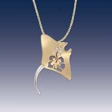 Load image into Gallery viewer, manta ray necklace - 14K yellow and white gold with diamonds with hibiscus cut out - manta ray jewelry sea life jewelry