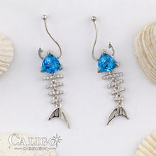 Load image into Gallery viewer, Bone Fish Diamond Earrings with trillion Blue topaz stone  fish jewelry sea life jewelry