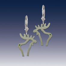 Load image into Gallery viewer, Moose silhouette earrings with crystal leverbacks sterling silver moose earrings