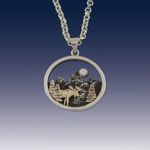 Load image into Gallery viewer, Mountain Necklace with moose, trees and Moon - sterling silver with 10K YG and crystal moose jewelry mountain Jewelry