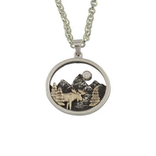 Load image into Gallery viewer, Mountain Necklace with moose, trees and Moon - sterling silver with 10K YG and crystal moose jewelry mountain Jewelry