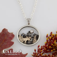 Load image into Gallery viewer, Mountain Necklace with moose, trees and Moon - sterling silver with 10K YG and crystal moose jewelry mountain Jewelry