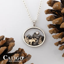 Load image into Gallery viewer, Mountain Necklace with moose, trees and Moon - sterling silver with 10K YG and crystal moose jewelry mountain Jewelry