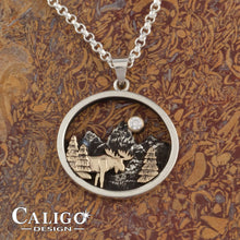 Load image into Gallery viewer, Mountain Necklace with moose, trees and Moon - sterling silver with 10K YG and crystal moose jewelry mountain Jewelry
