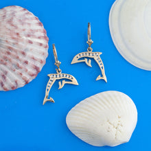 Load image into Gallery viewer, diamond dolphin earrings in 14K yellow or white gold with diamonds dolphin jewelry