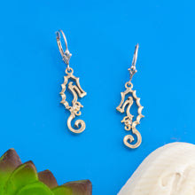 Load image into Gallery viewer, Seahorse and baby earrings with diamond seahorse jewelry leverback earrings