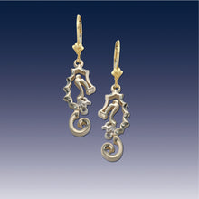 Load image into Gallery viewer, Seahorse and baby earrings with diamond seahorse jewelry leverback earrings
