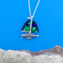 Load image into Gallery viewer, Malachite Azurite Sail Boat Necklace 14K white gold with malachite azurite inlay nautical Jewelry sailboat Jewelry
