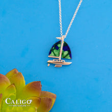 Load image into Gallery viewer, Malachite Azurite Sail Boat Necklace 14K white gold with malachite azurite inlay nautical Jewelry sailboat Jewelry