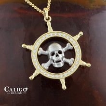 Load image into Gallery viewer, Pirate Pendant Necklace - Skull and Captain Wheel - Danger Ahead - 14K TT gold diamonds
