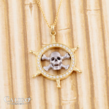 Load image into Gallery viewer, Pirate Pendant Necklace - Skull and Captain Wheel - Danger Ahead - 14K TT gold diamonds