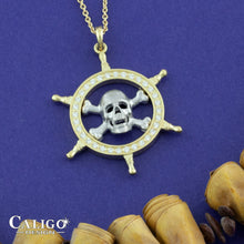 Load image into Gallery viewer, Pirate Pendant Necklace - Skull and Captain Wheel - Danger Ahead - 14K TT gold diamonds