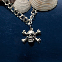 Load image into Gallery viewer, Skull and Cross bone charm on o ring - Sterling Silver - Pirate Jewelry